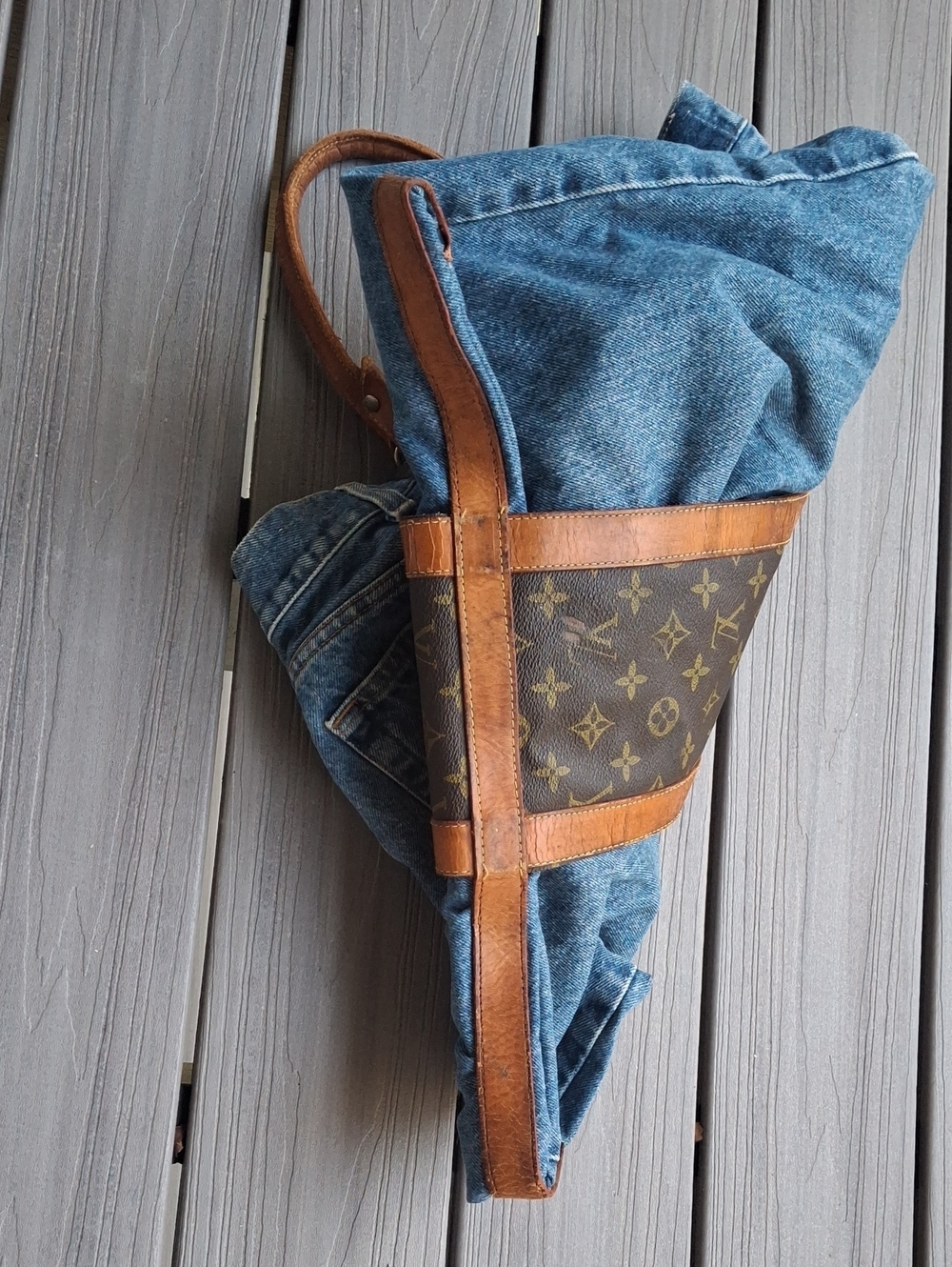 Upcycle Louis Vuitton Brown Monogram & Tan Leather Tote Bag - Picture 6 of 15